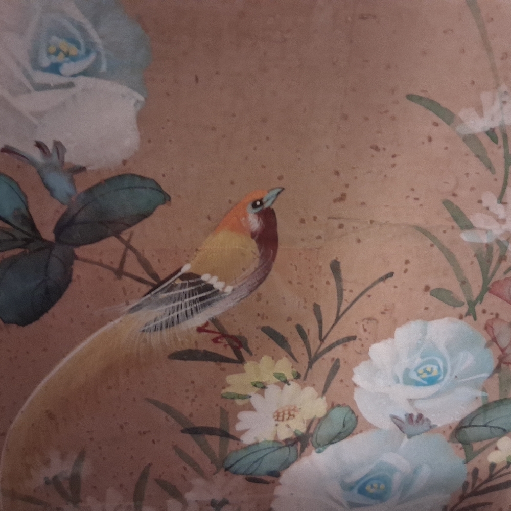 Vintage Floral Bird Art Painting with Blue and Yellow Accents - Picture 5 of 5